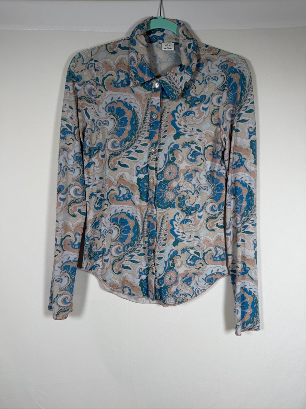Wilfred Teal and Beige Paisley Button-Down Blouse Boho